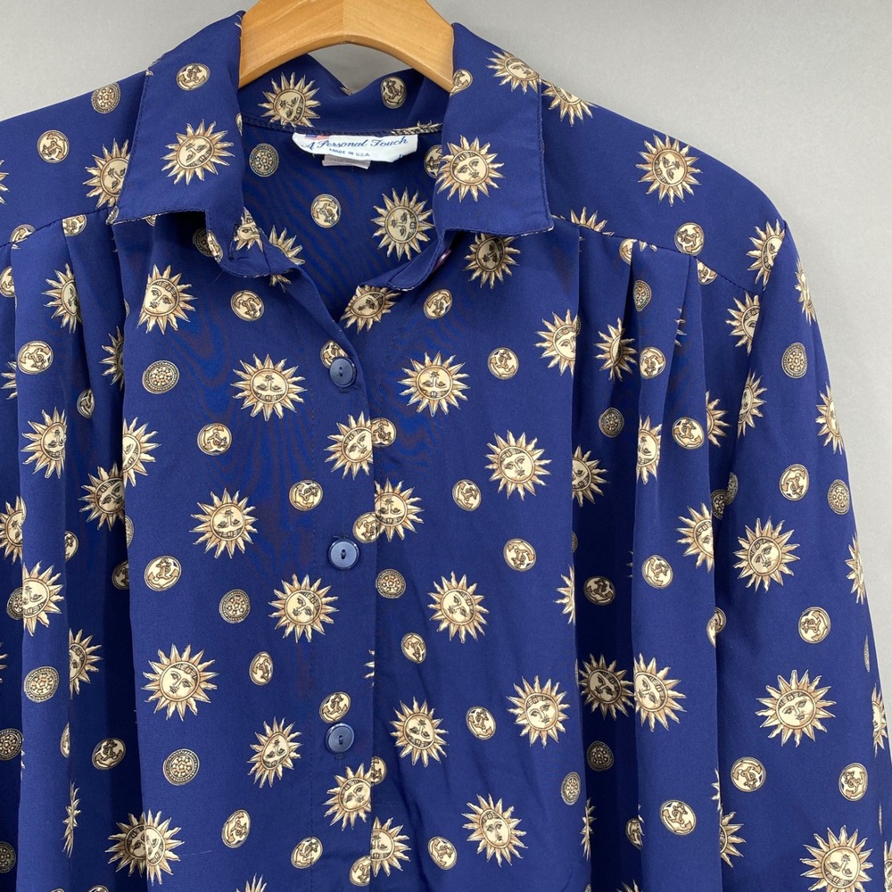 Vtg A Personal Touch Sun Print Button Up Shirt Women M Oversized Blue Celestial